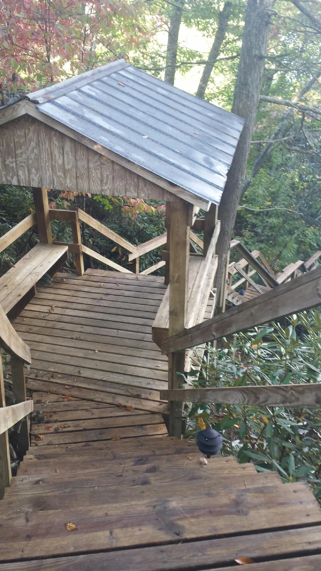 Metal roofed shelter over wooden steps on a wooded walkway — Skylight Repair & Installation work by our crew in Wellston
